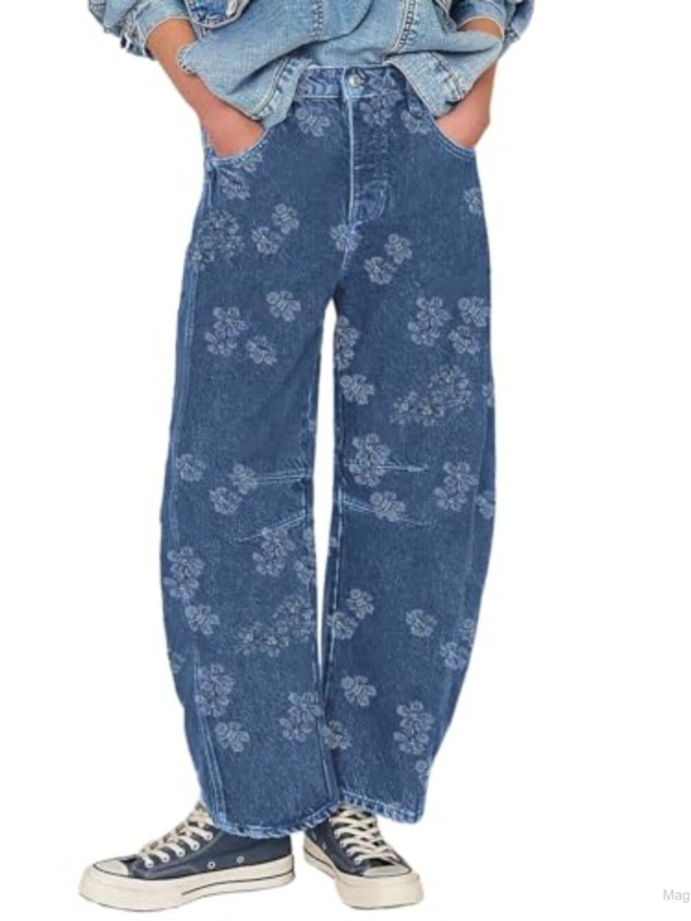 Womens Floral Barrel Jeans Mid Rise Wide Leg Cotton Blend Stretch Denim Pants